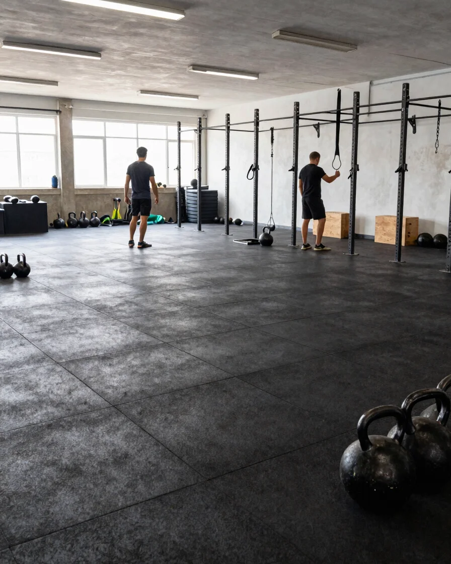 Documentary sports photography, bright natural gym light, wide vi