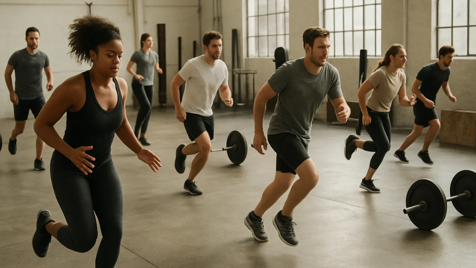 Documentary sports photography, bright natural gym light, a group