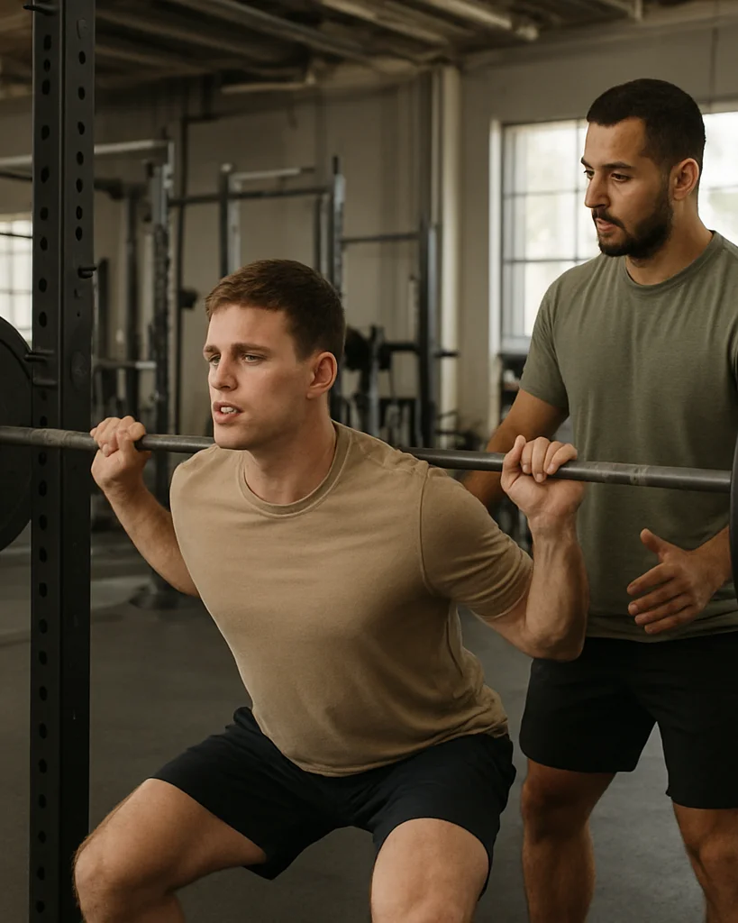 Documentary sports photograph of a gym trainer standing beside a