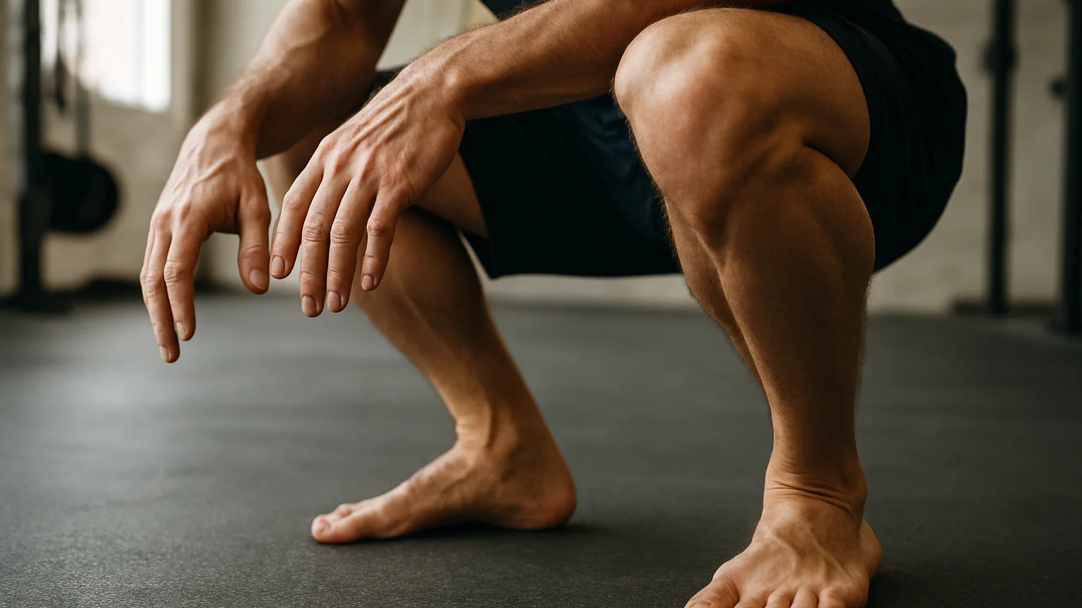 Close documentary photograph of a member's hands and feet set in a squat stance on a gym floor, bright even natural ligh