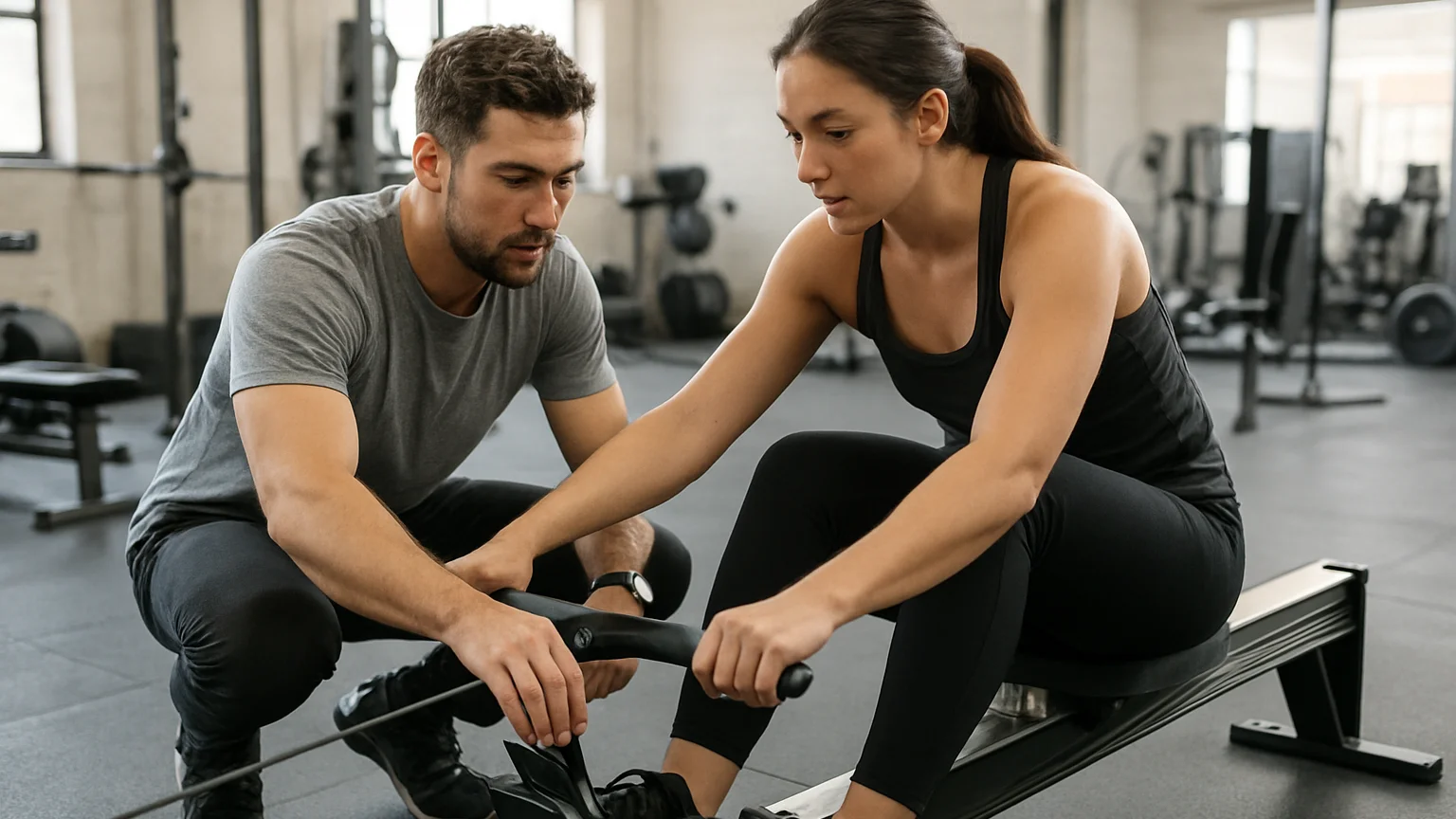 Documentary photograph of a gym coach adjusting a member's rowing machine setup, bright even natural gym light, candid,