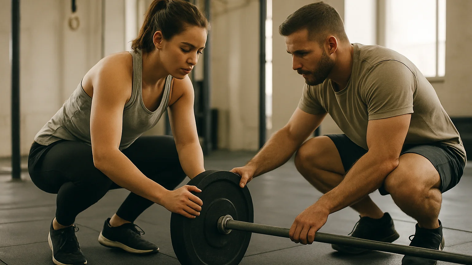 Documentary photograph of a trainer and member checking a barbell and plate setup on a gym floor, bright soft natural li